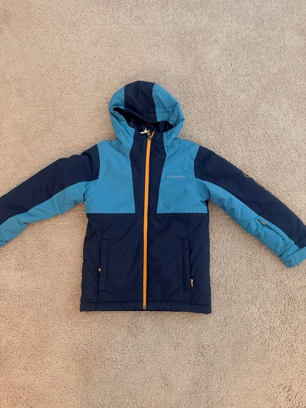 Columbia Kids Navy and Light Blue Hooded Puffer with Yellow Zipper